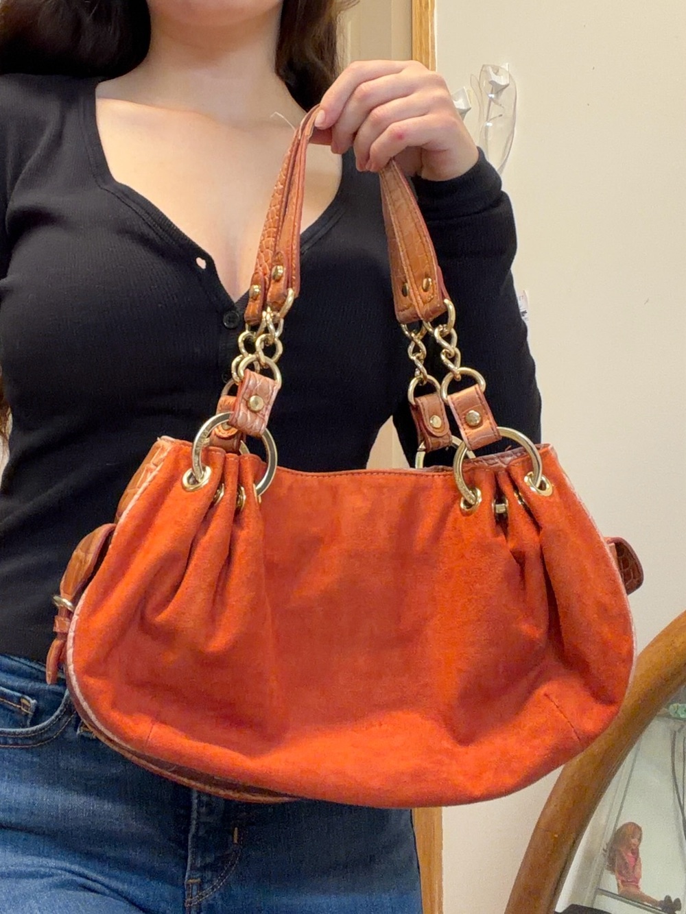 Women's Kathy Van Zeeland Orange Suede Shoulder Bag - Classic Chain-Handle Tote